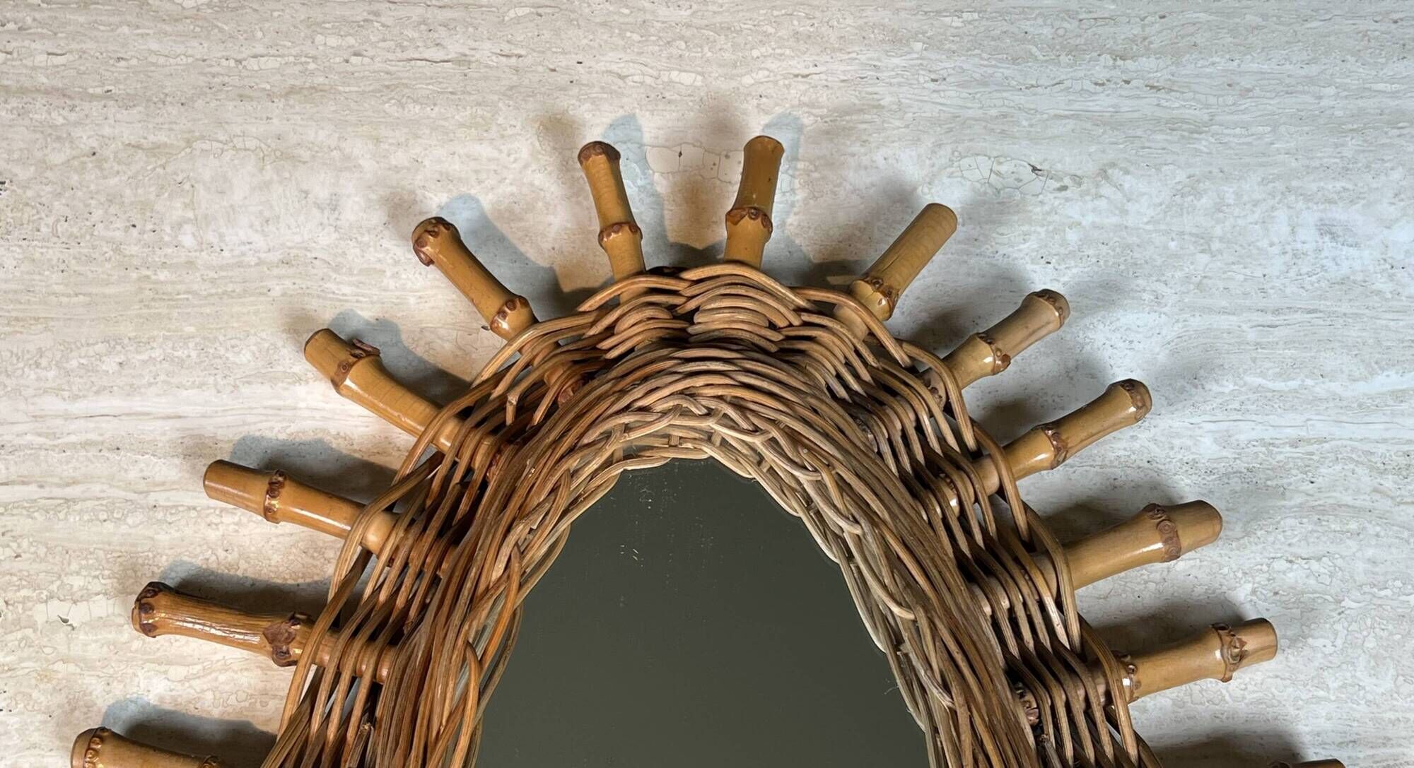 Oval Mirror in Rattan. Woven Willow and Bamboo. French Work from the Riviera.
