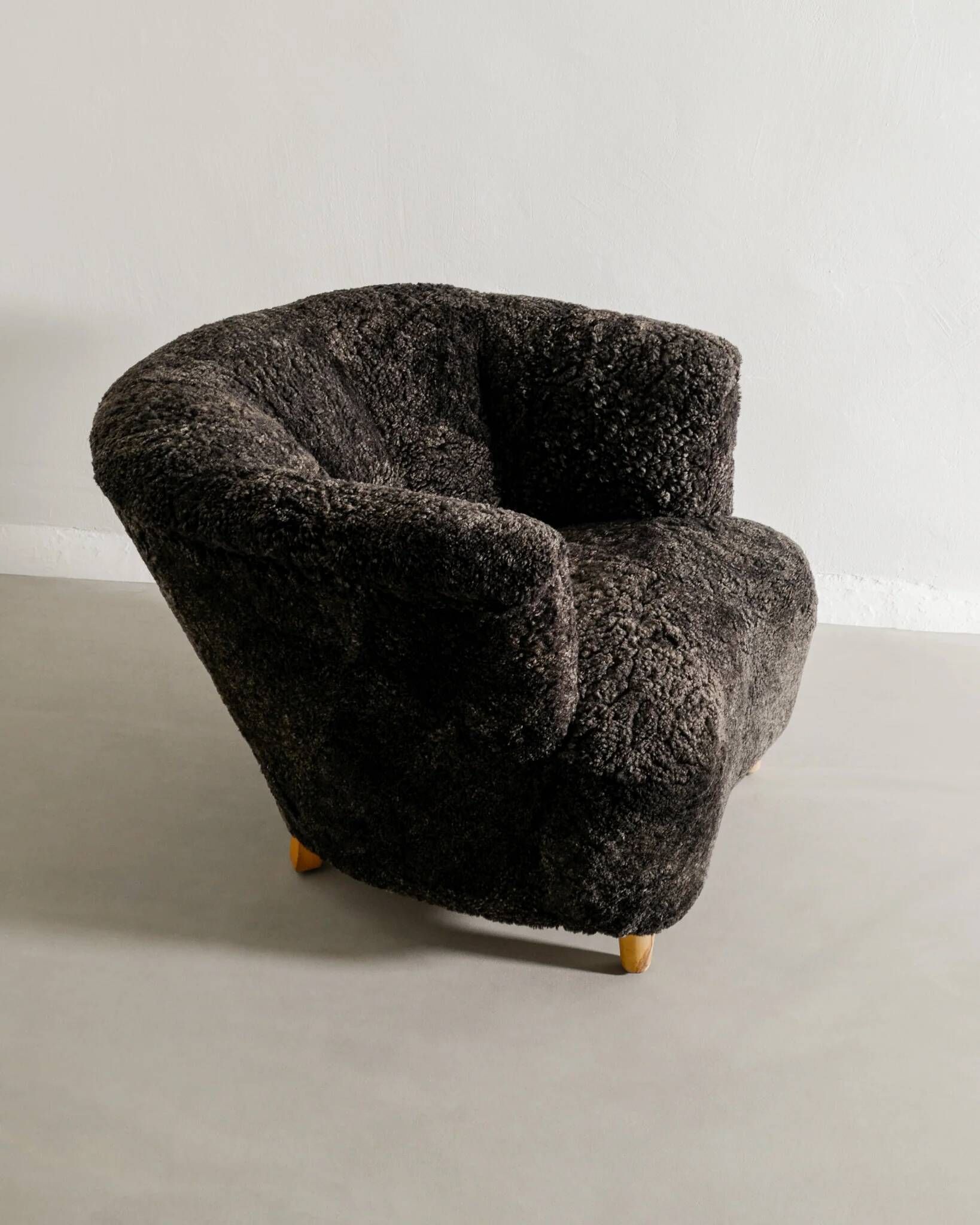 Pair of Swedish Curved Mid Century Modern Armchairs in Dark Sheepskin 1940s