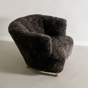 Pair of Swedish Curved Mid Century Modern Armchairs in Dark Sheepskin 1940s