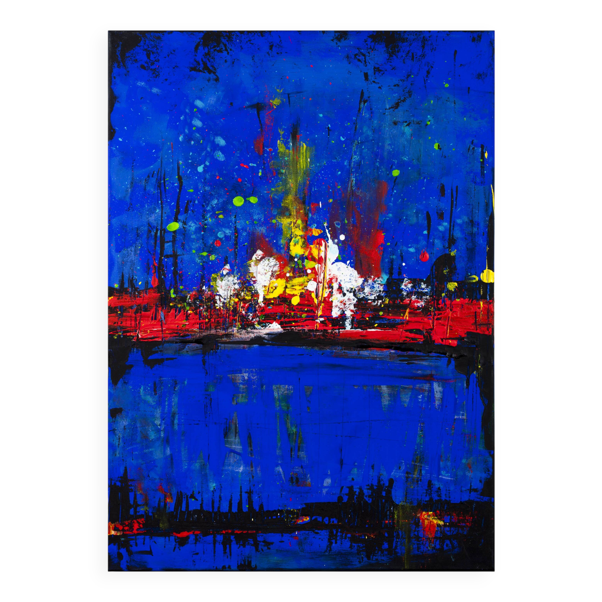 Abstract blue and red colors acrylic painting on stretched canvas