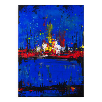 Abstract blue and red colors acrylic painting on stretched canvas
