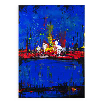 Abstract blue and red colors acrylic painting on stretched canvas