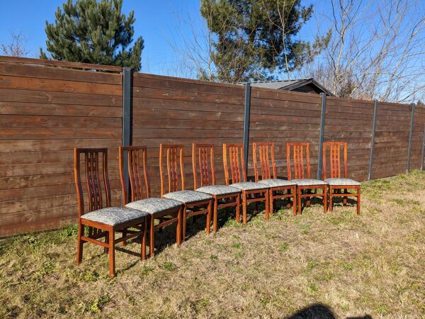 Ensemble de 8 chaises de salon en teck, dossiers hauts et assises zébrées