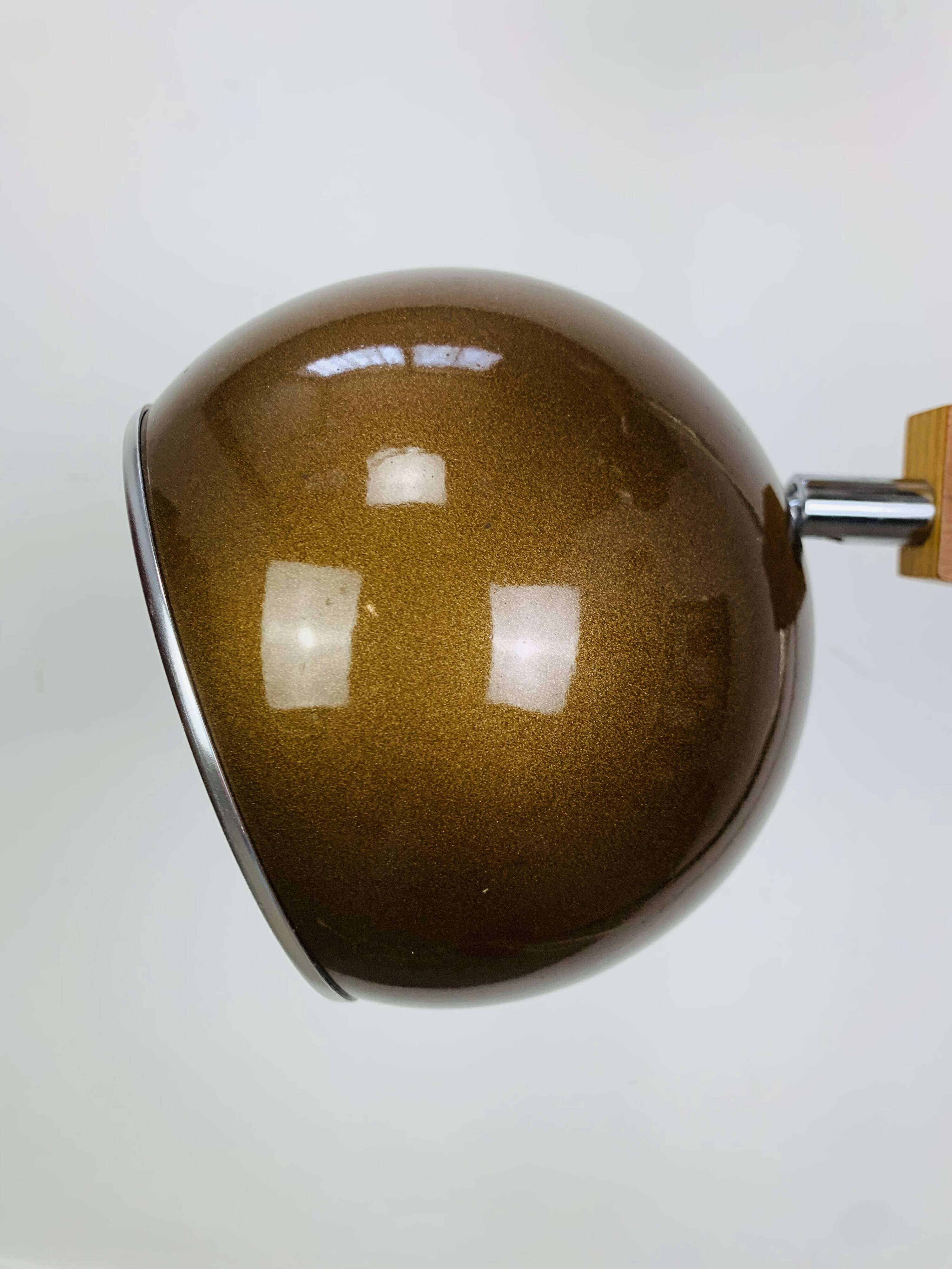 Eyeball floor lamp by Temde Leuchten, copper metal, teak and chrome, 70s.