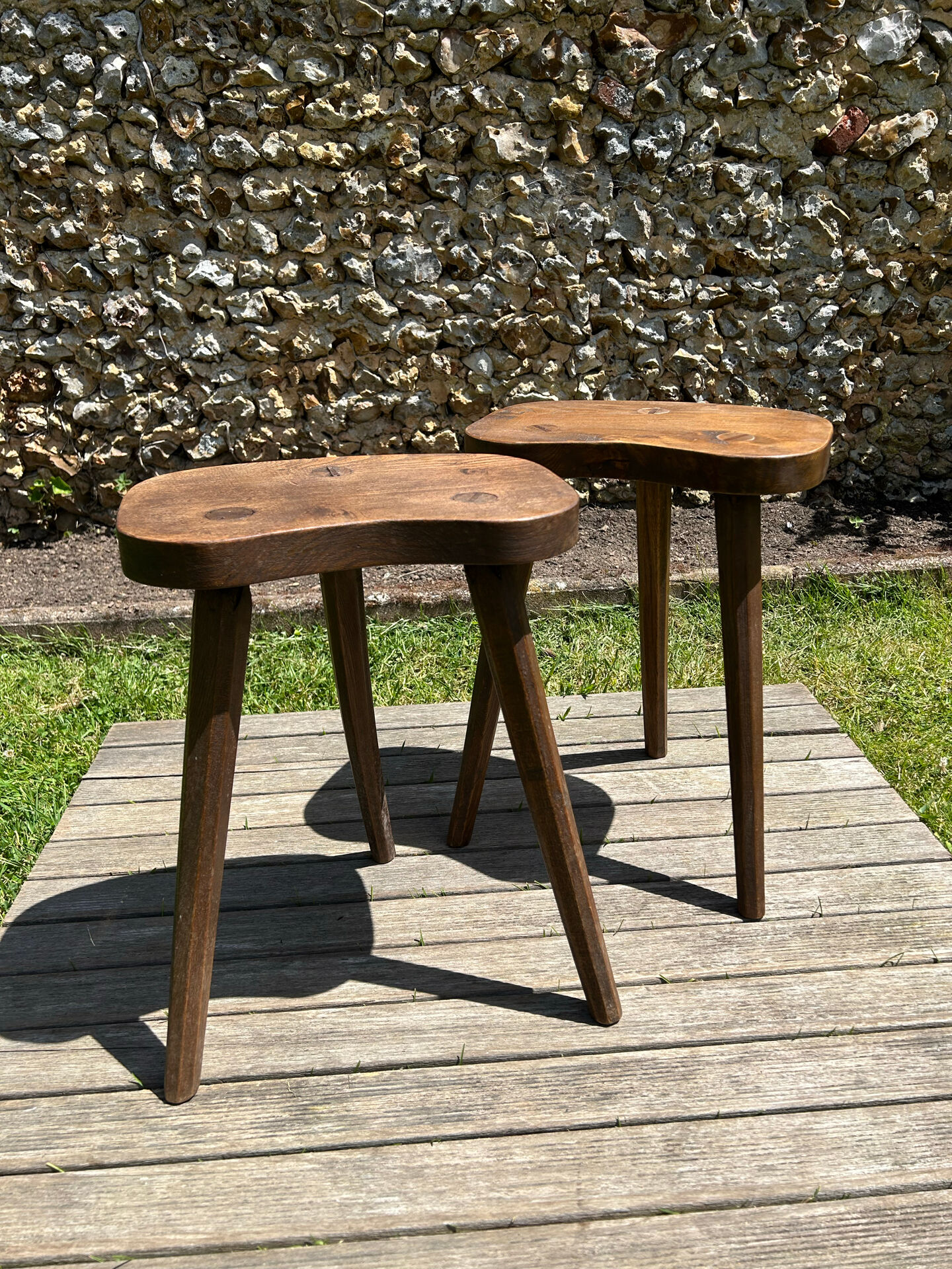 Pair of vintage farmhouse stools in solid oak