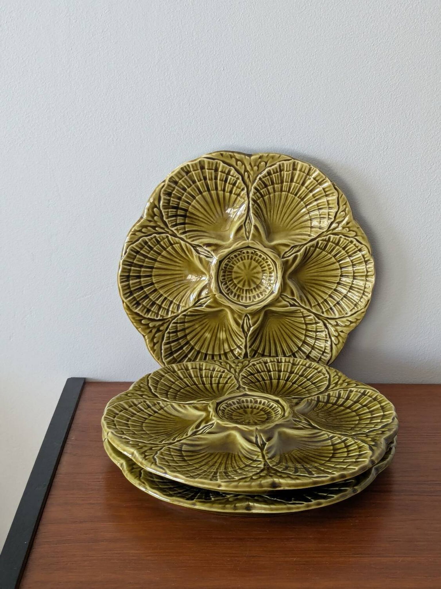 Set of 3 vintage green Sarreguemines majolica oyster plates.