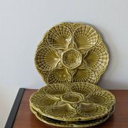 Set of 3 vintage green Sarreguemines majolica oyster plates.