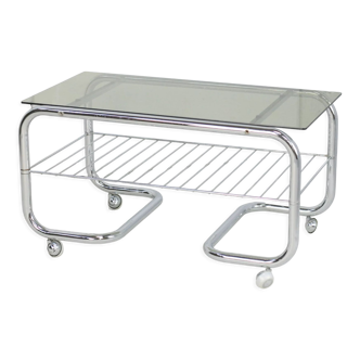 "Space age" coffee table, tubular steel, smoked glass, France, 1970s