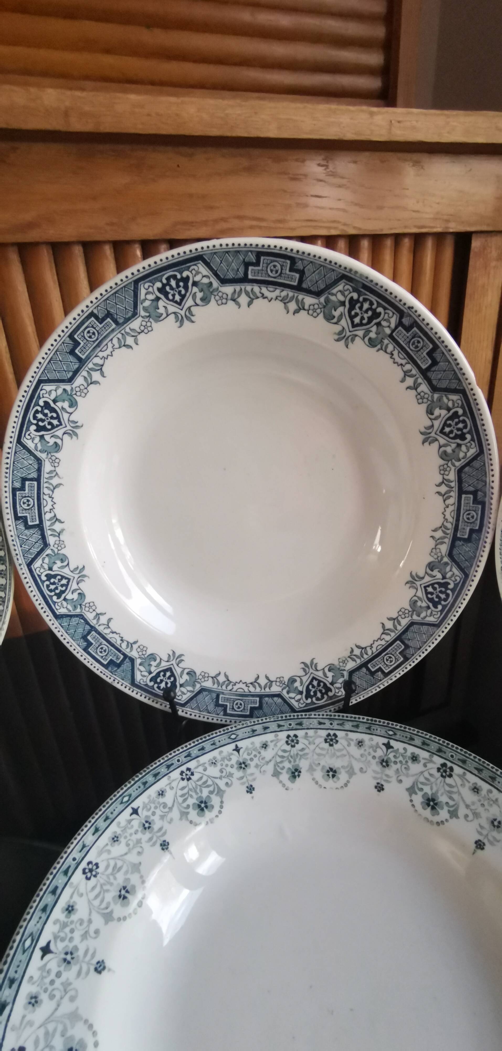 6 old mismatched deep plates Terre de Fer, glass and blue colors