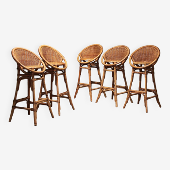 French bar stools in bohemian style with bamboo frame, 1970