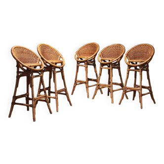 Tabourets de bar français de style bohème avec structure en bambou, 1970