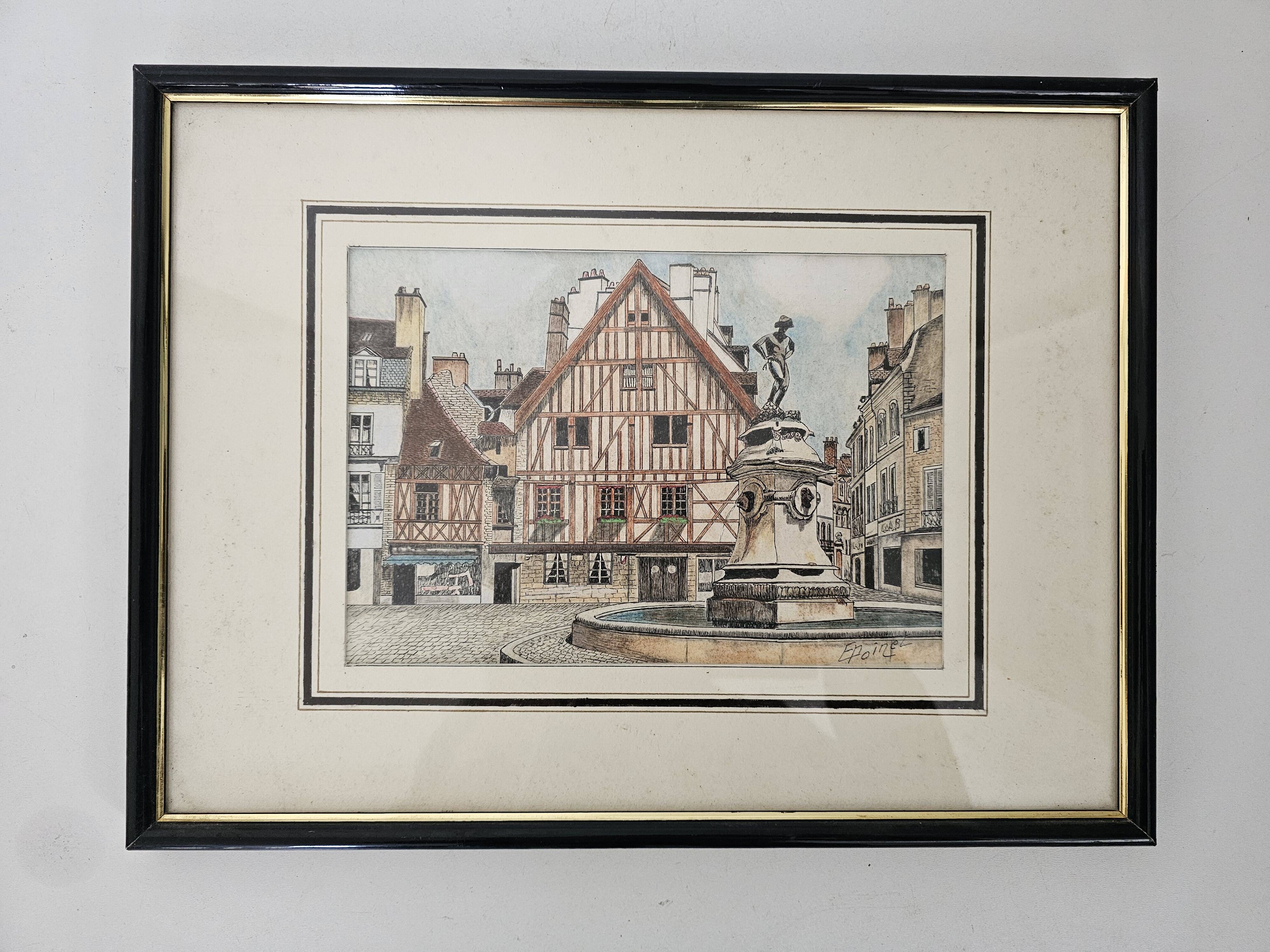 Tableau Ink and pastel - Dijon Place François-Rude - E Poinet