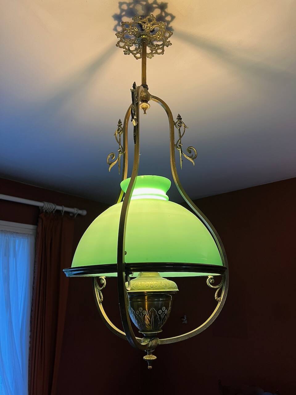 Lustre Suspension Art Nouveau - Green Opaline and Brass - Belle Époque Style