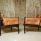 c. 1970 - Pair of lounge chairs in lacquered beech and cognac leather - France