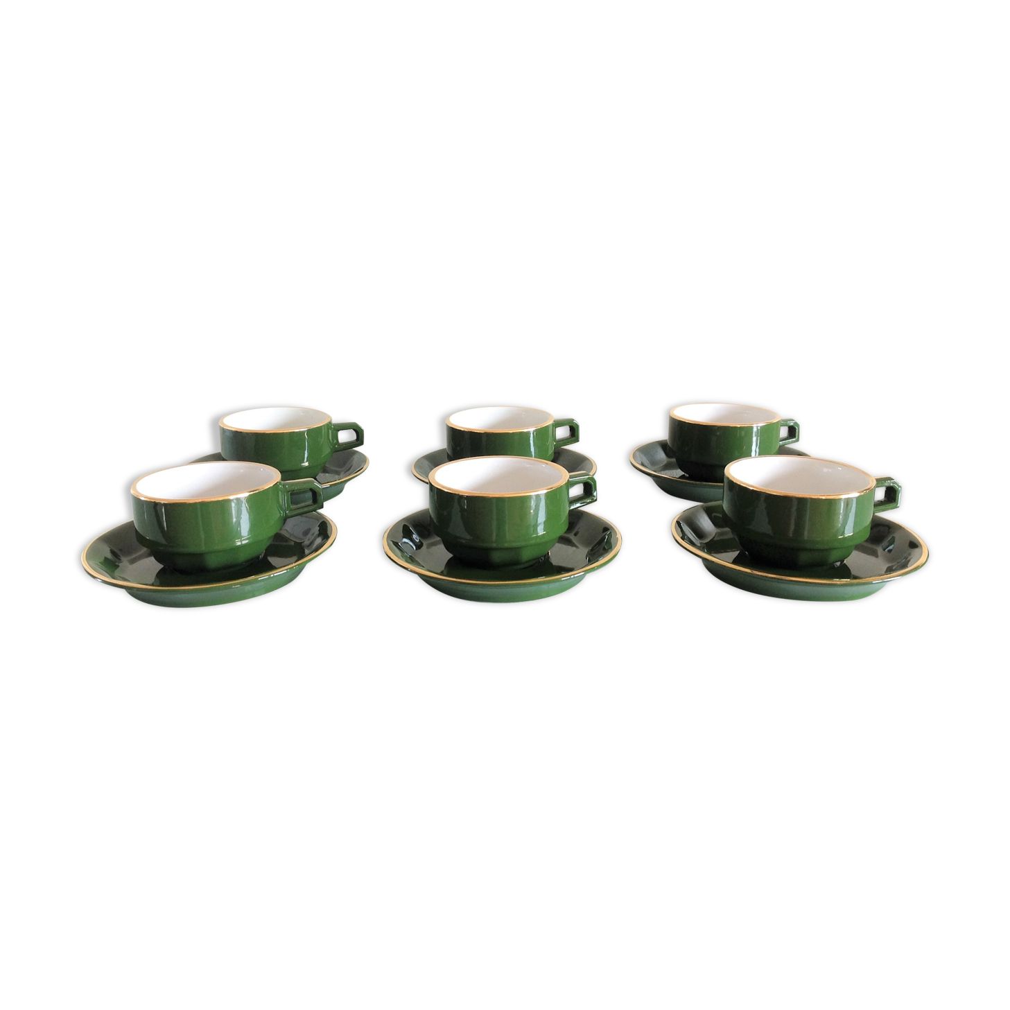 Suite of six green cups with saucers bistro /vintage style 60-70