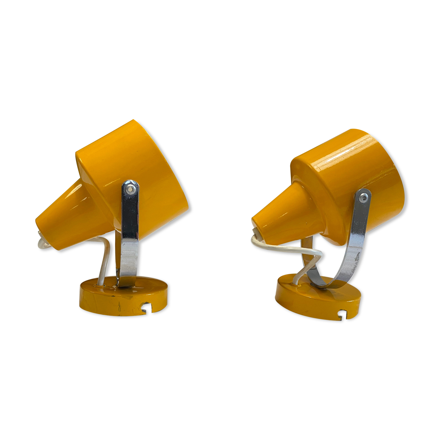 Pair of adjustable vintage wall lamps in yellow and chrome metal. Year 60
