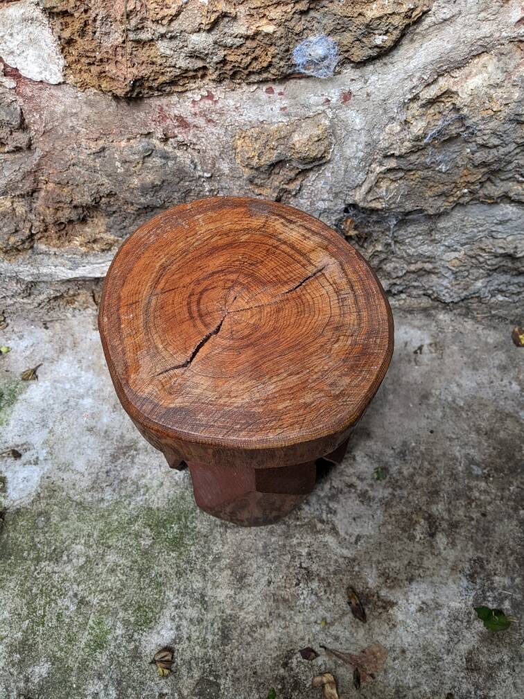 Vintage brutalist carved plant stand stool