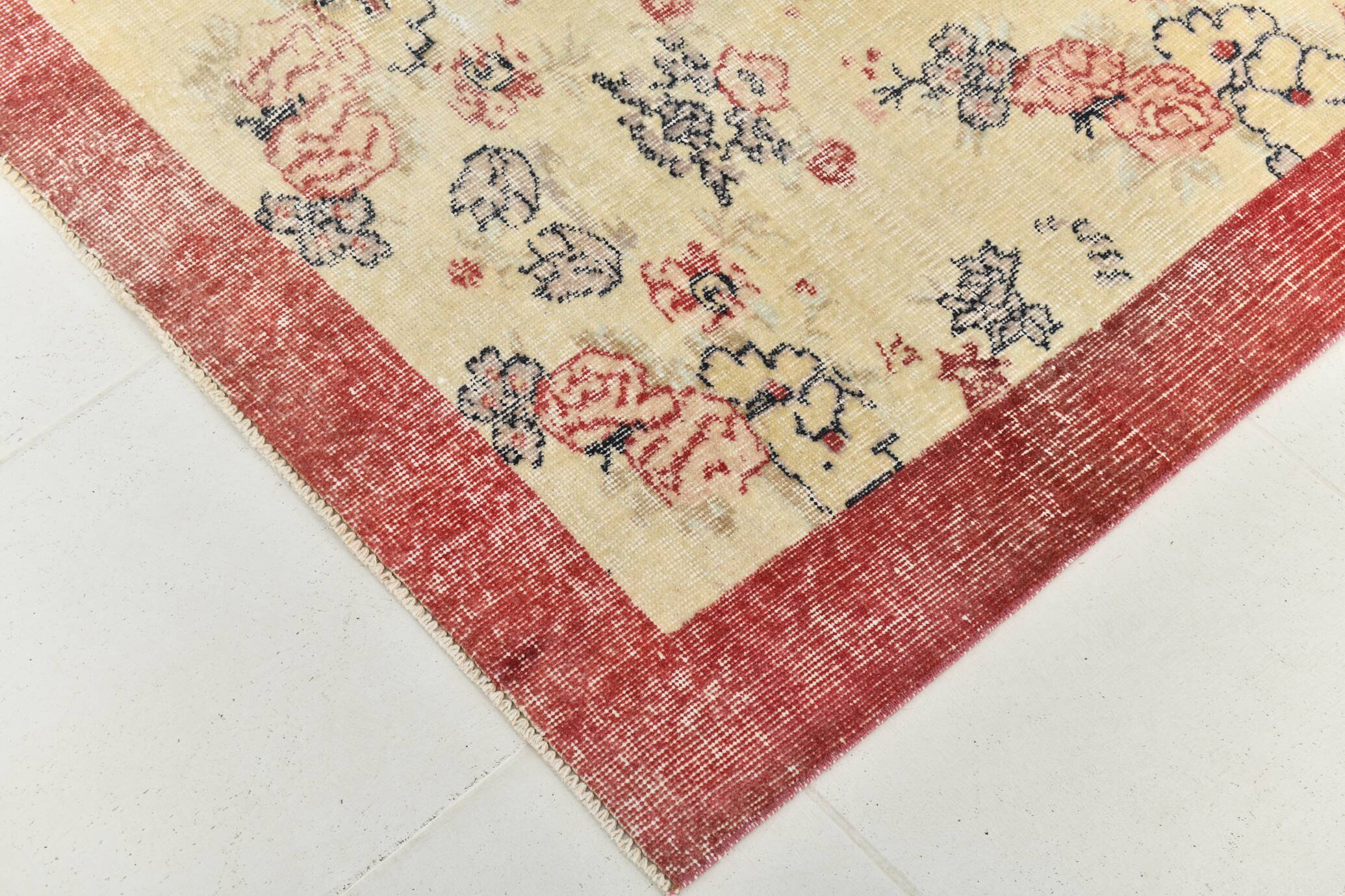 7x9 Yellow & Burgundy Floral Turkish Vintage Rug, 216x281Cm
