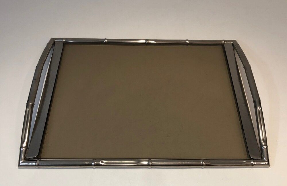 Chrome tray style faux-bamboo with smoked glass top
