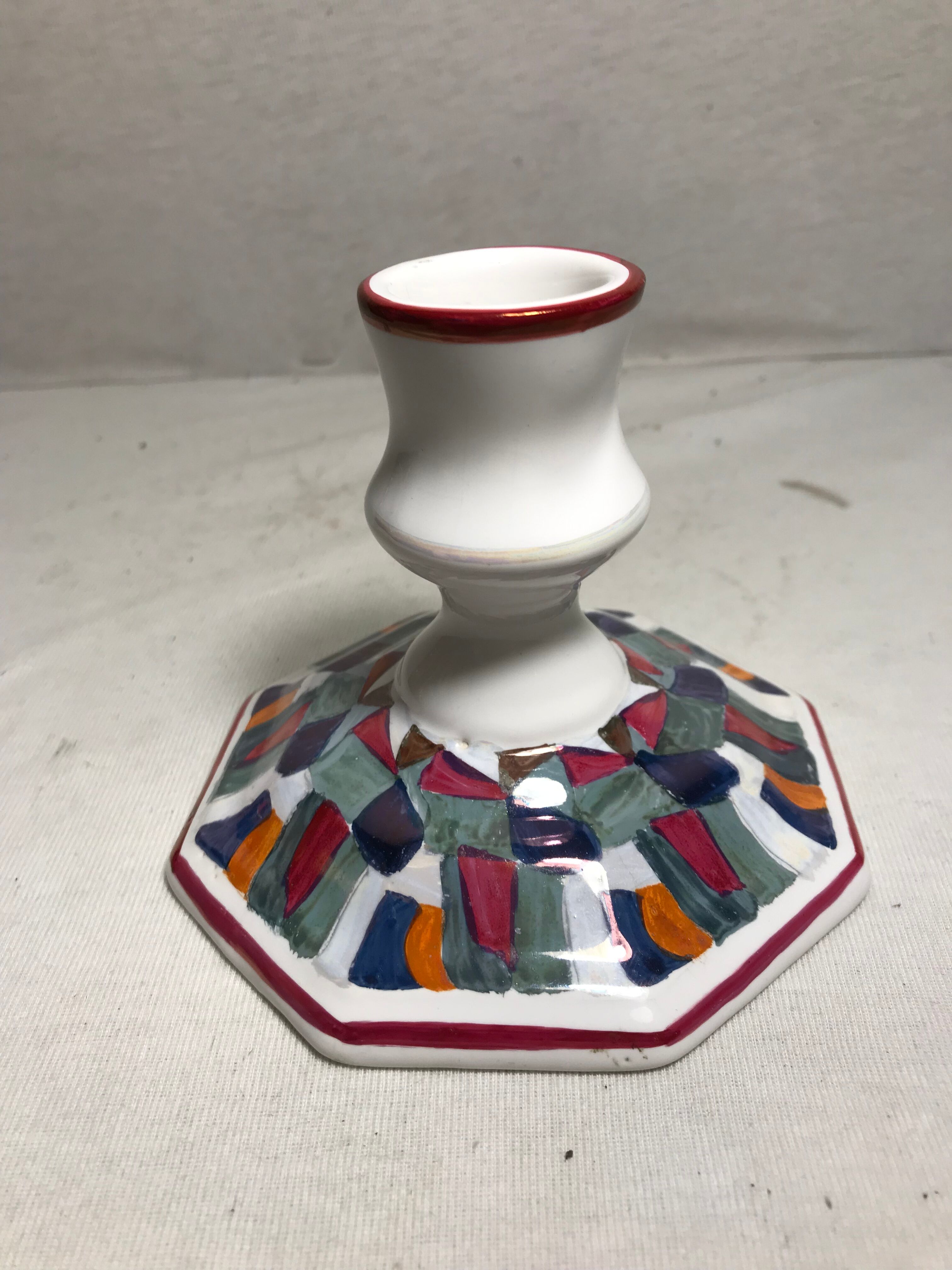 Old candle holder ceramic white + patterns painted colors signed vintage comics