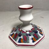 Old candle holder ceramic white + patterns painted colors signed vintage comics