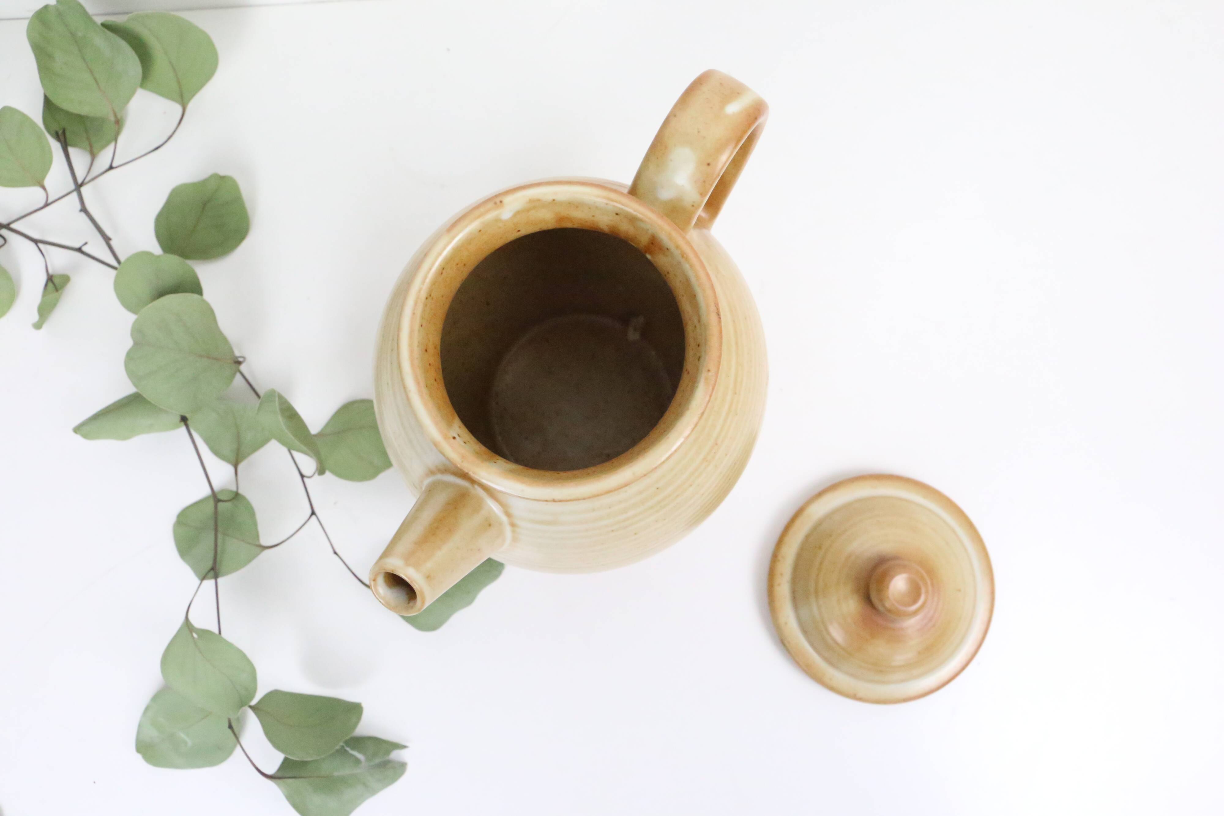 Vintage beige stoneware teapot, signed Grès Village