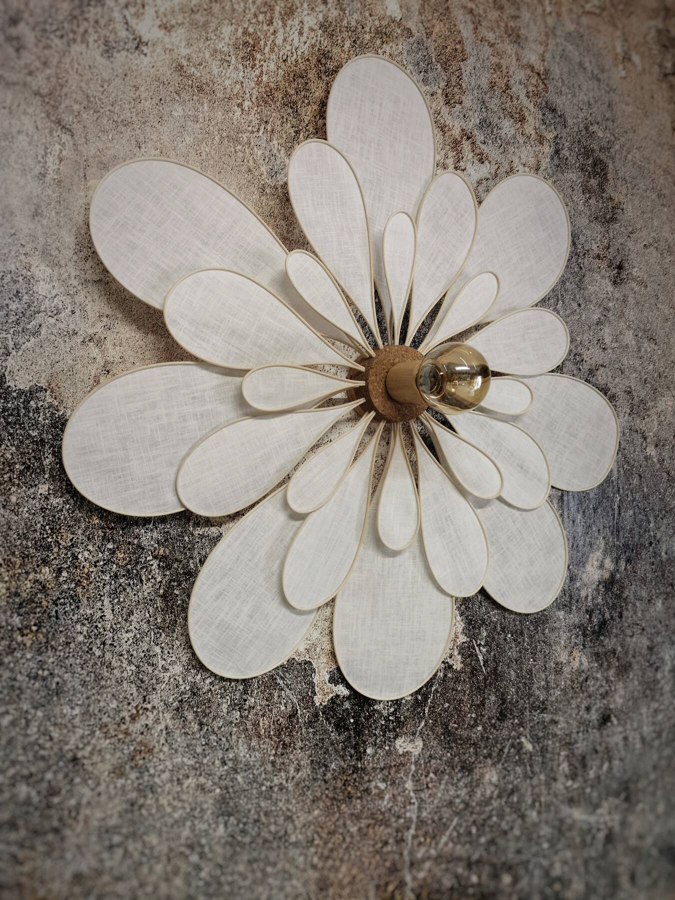 24 petal flower wall light in rattan and white linen