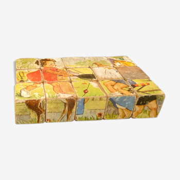 Ancien jeu de cubes - puzzle en bois des années 1950