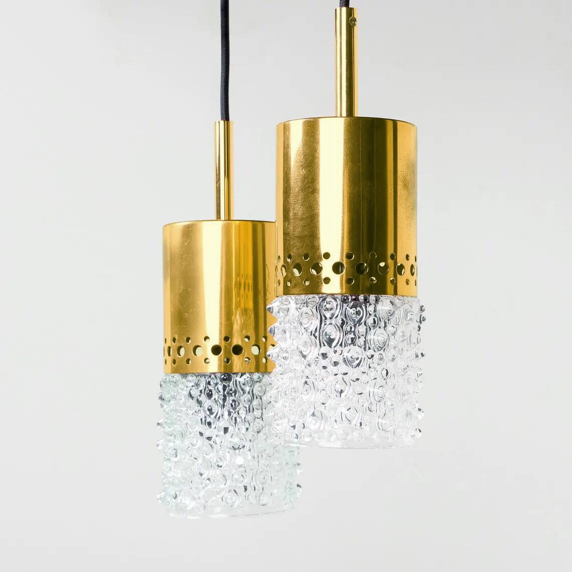 Pair of brass and bubble glass pendant lights by veb narva, 1970s