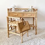 Bureau en rotin vintage avec tabouret