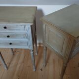 Pair of patinated bedside tables. Three drawers. End tables.