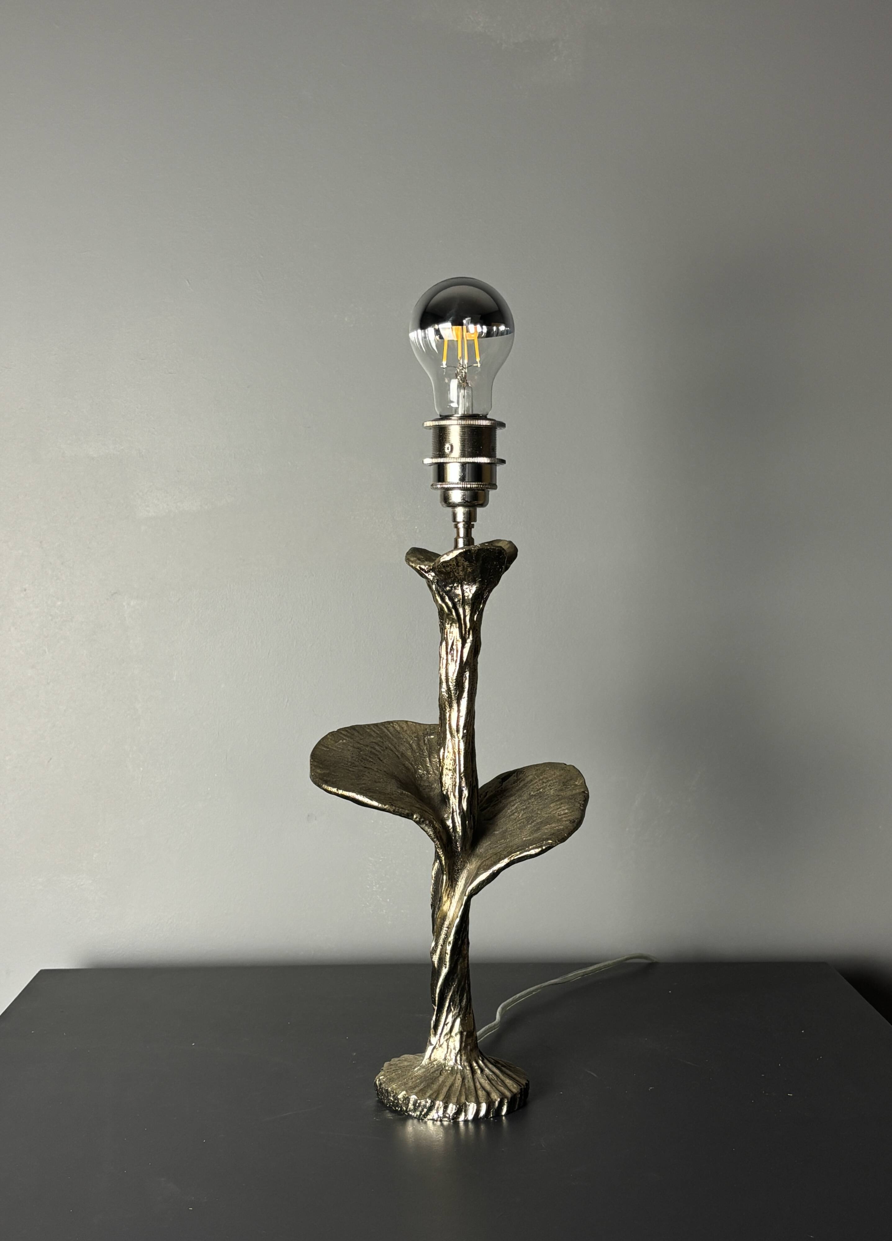 Solid brass silver custom made flower lamp with cocoon fabric shade, 1970s