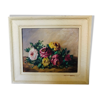 Huile sur toile nature morte aux roses