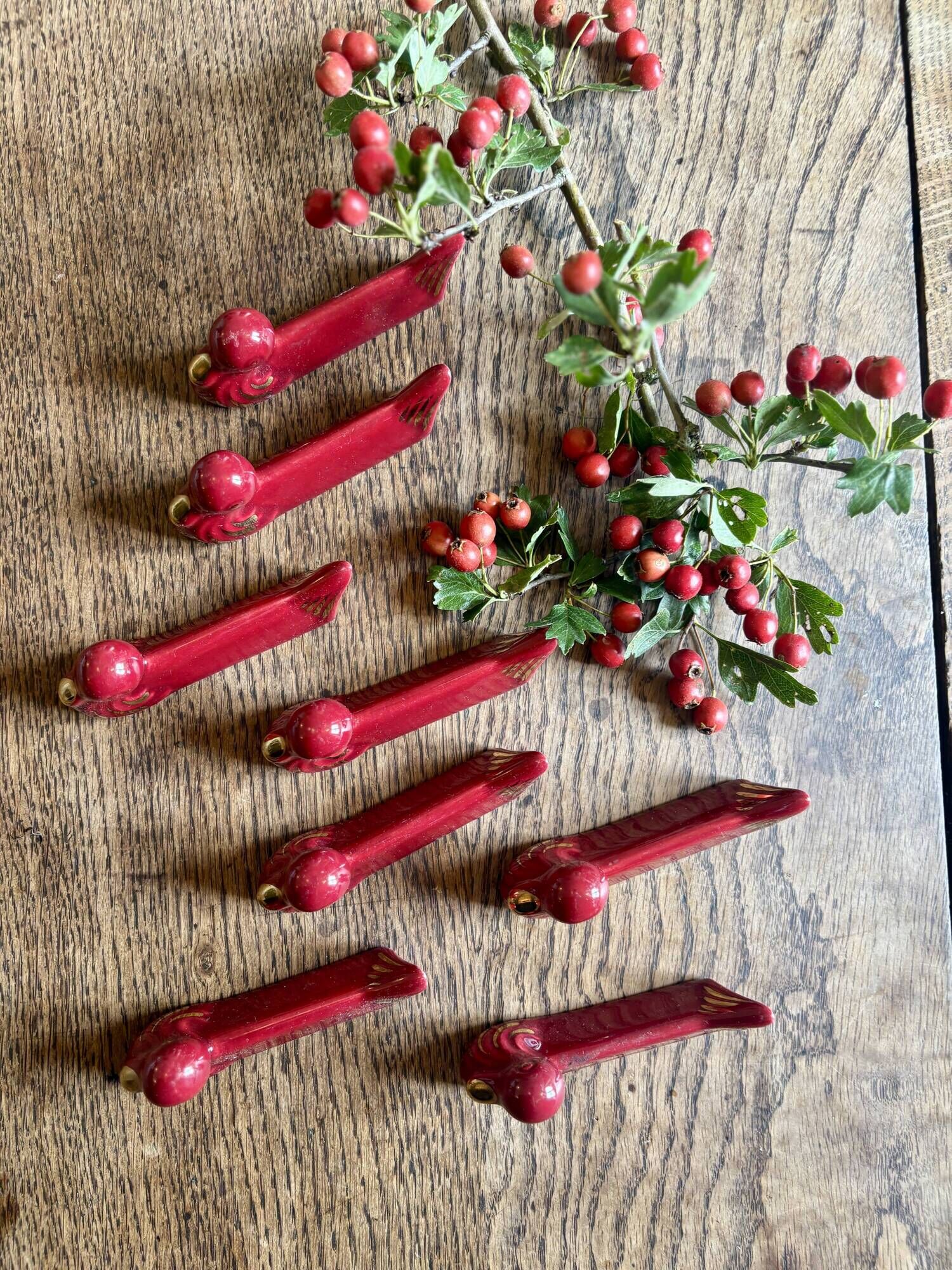 Set of 8 vintage slip knife holders in the shape of red ducks and
