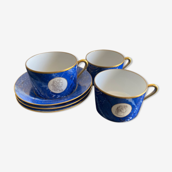 Service à thé 3 tasses et soucoupes porcelaine peintes à la main