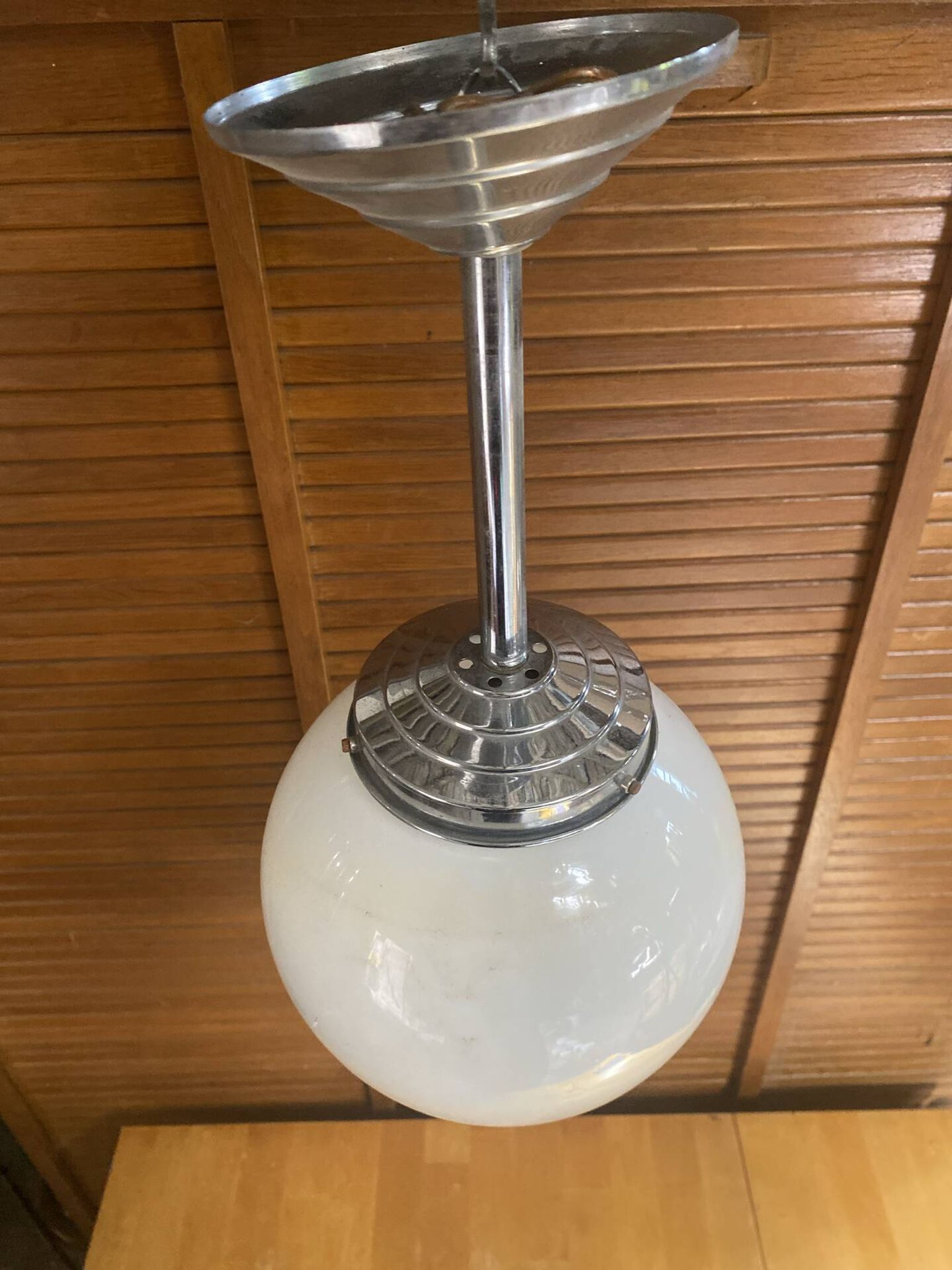 Vintage Ceiling Light Opaline White Ball Pendant + Aluminium Support 50s