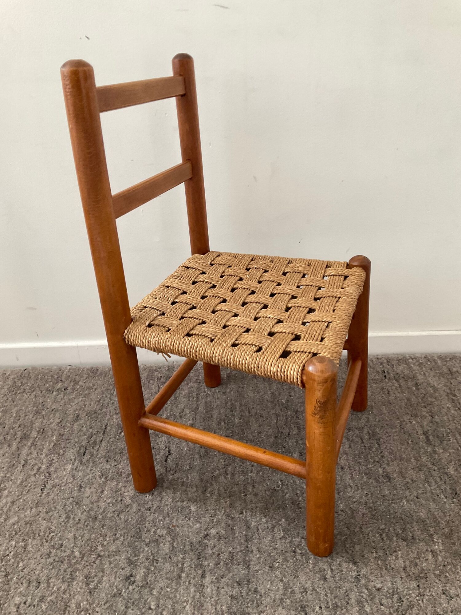 Scandinavian wooden chair and braided rope seat 70s