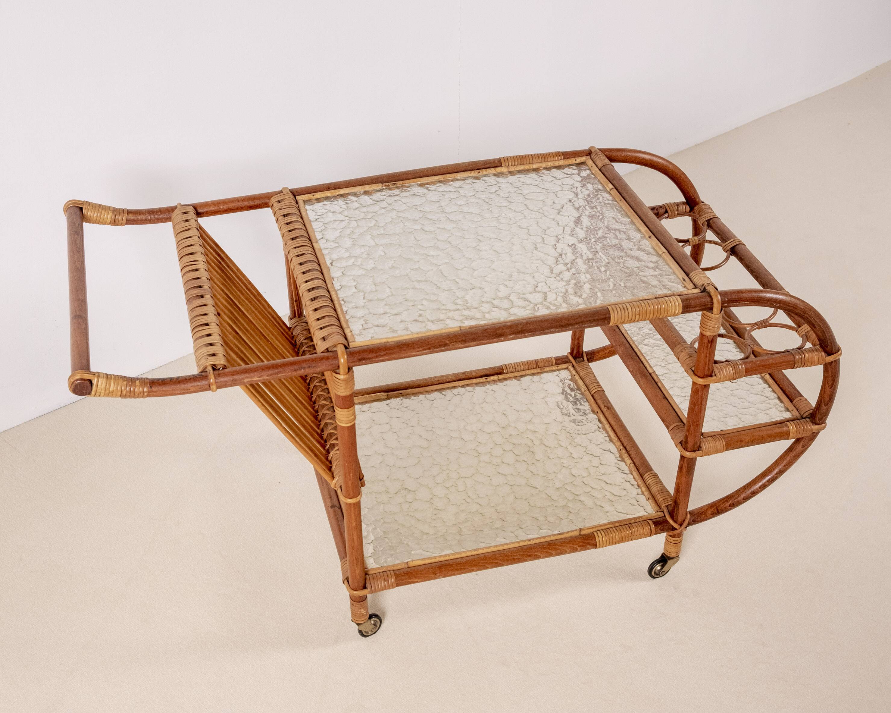 Bar Cart in Bamboo & Rattan, 1950s Denmark