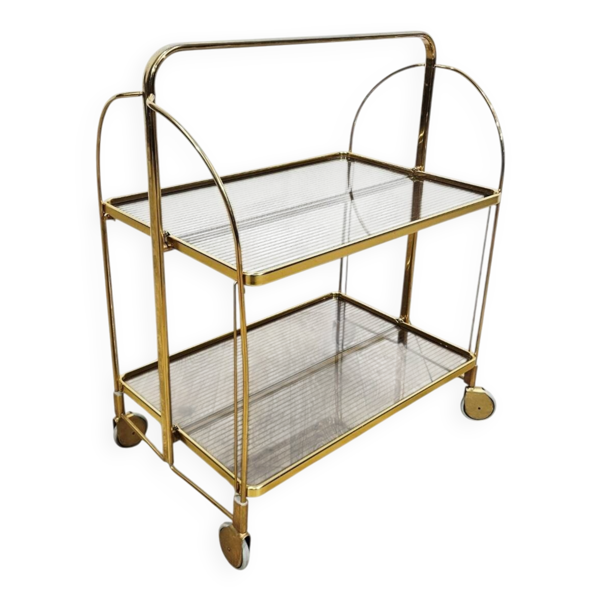 Mid-Century Folding Bar Cart – Brass and Ribbed Plexiglass – 1960s