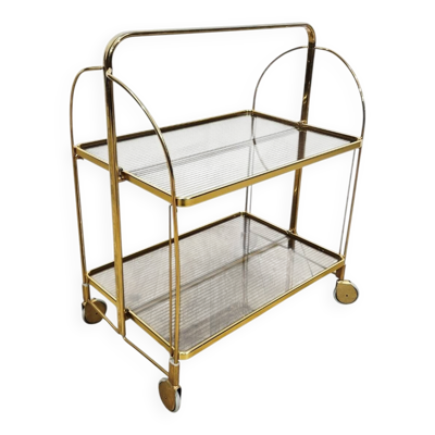 Chariot de bar pliant du milieu du siècle – Laiton et plexiglas strié – Années 1960