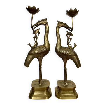 Pair of large "Herons" brass candlesticks H45cm