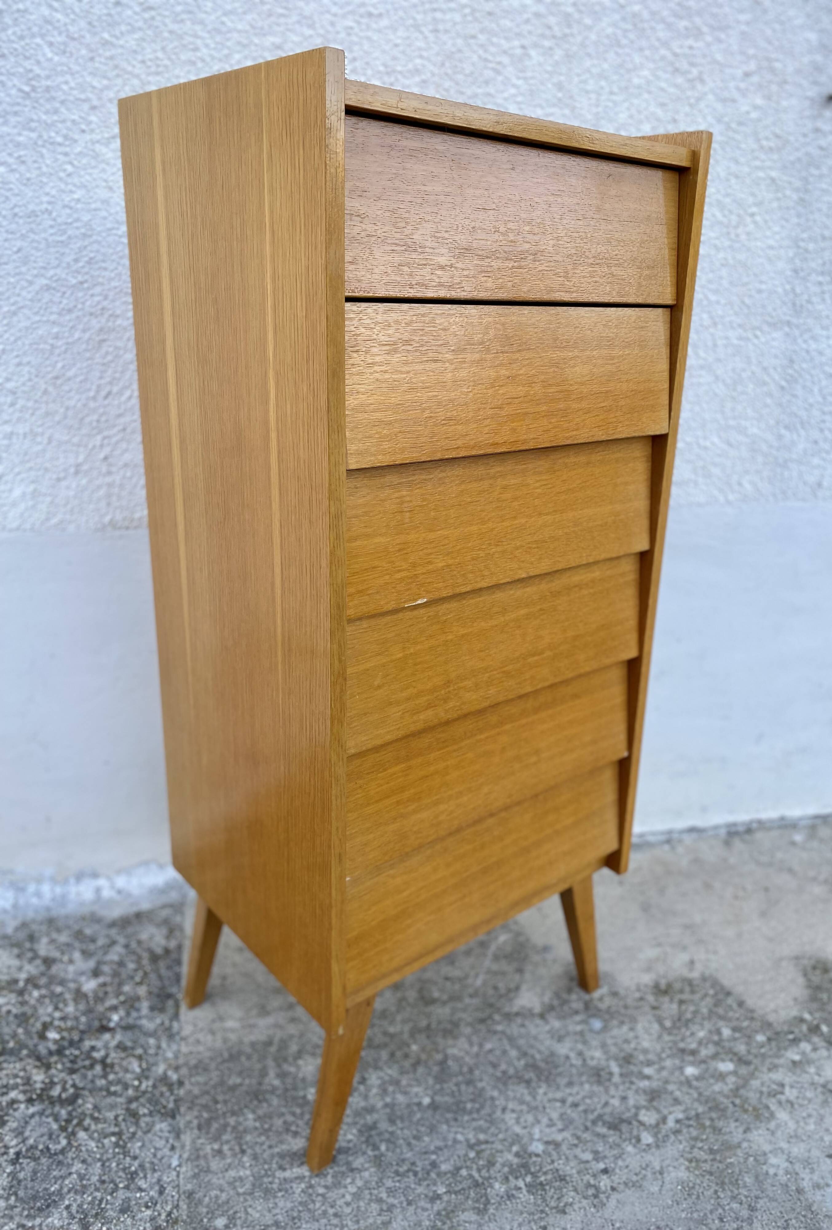 Vintage 1960s chest of drawers with compass legs and 6 slanted drawers