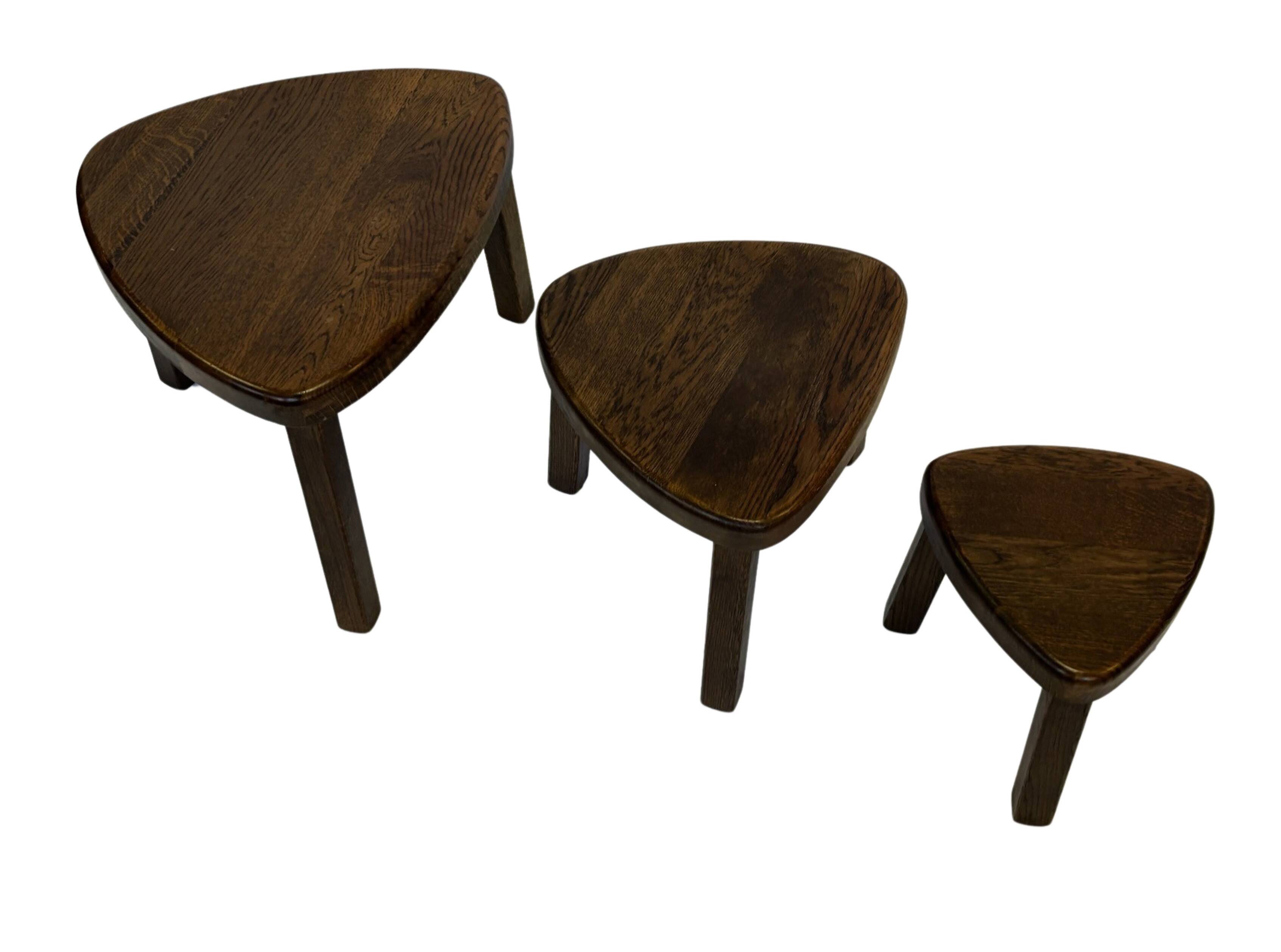Set of 3 brutalist oak oval side or nesting tables 1970s