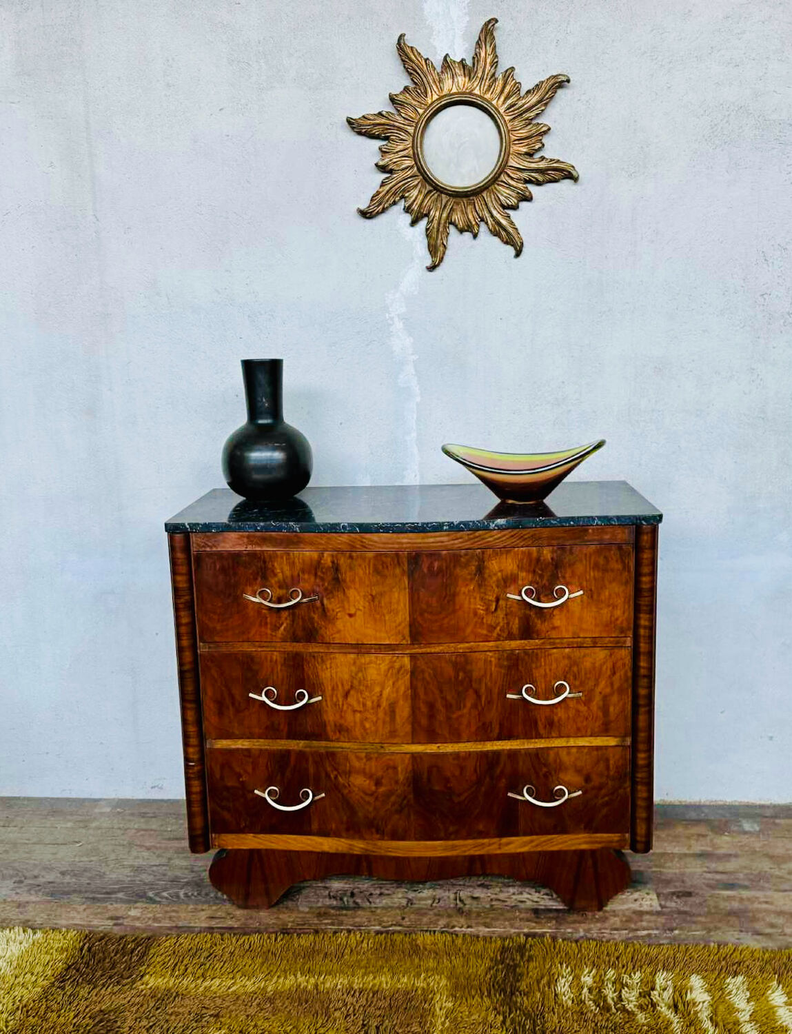 Art Deco curved chest of drawers in walnut