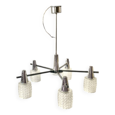 Grand lustre moderniste en métal chromé et verre texturé - 5 bras