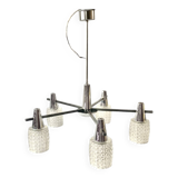 Large modernist chandelier in chromed metal and textured glass - 5 arms