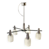 Large modernist chandelier in chromed metal and textured glass - 5 arms