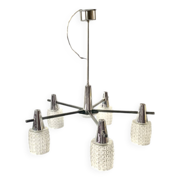 Grand lustre moderniste en métal chromé et verre texturé - 5 bras