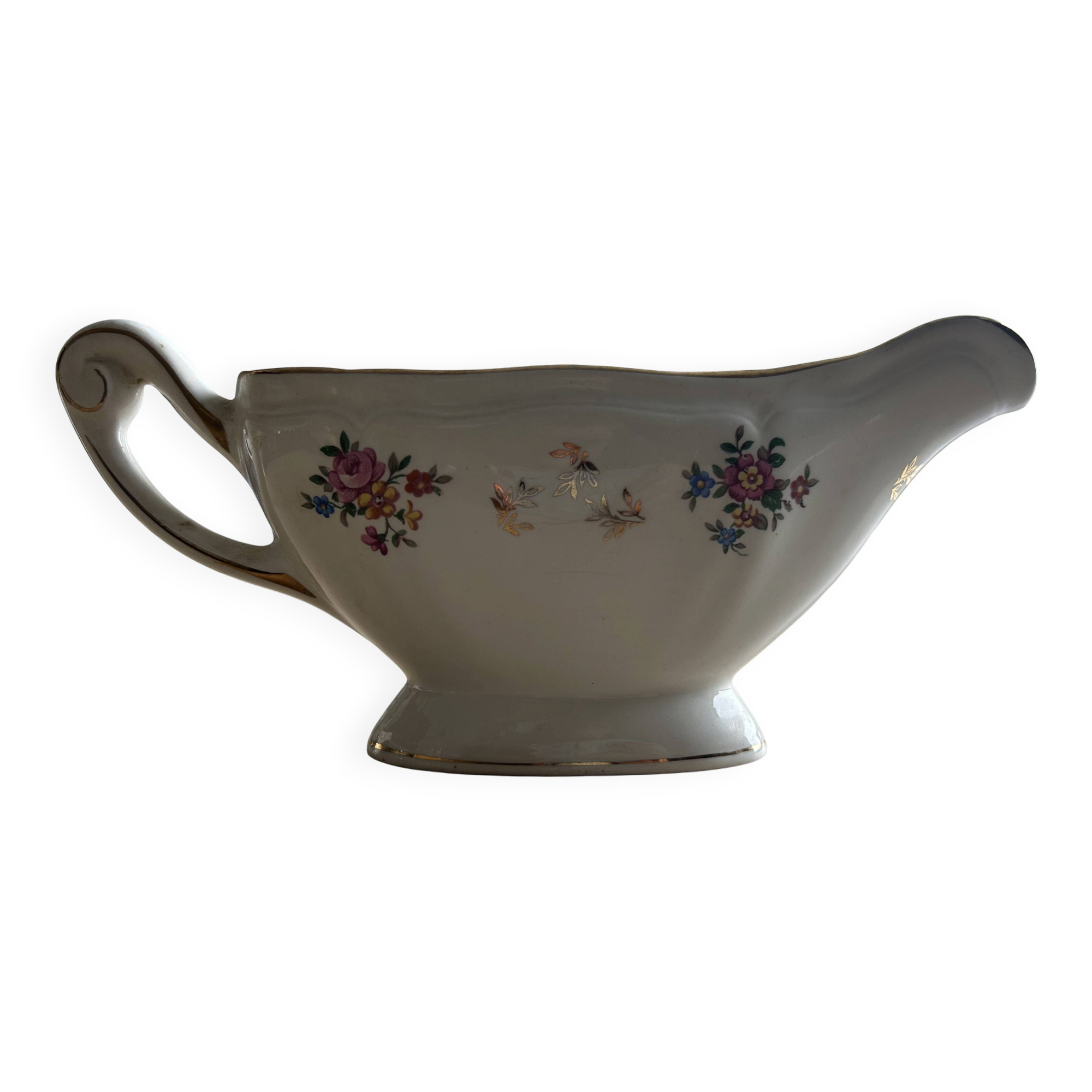Vintage sauce boat L'Amandinoise 1080 with roses and gilding.