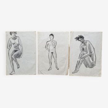 Set of three drawings study of nudes 1920